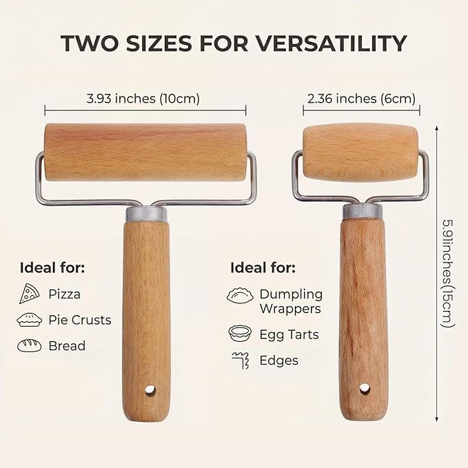 2 Pcs Pastry Roller, Wooden Rolling Pins Pizza Dough Roller Non-Stick Mini