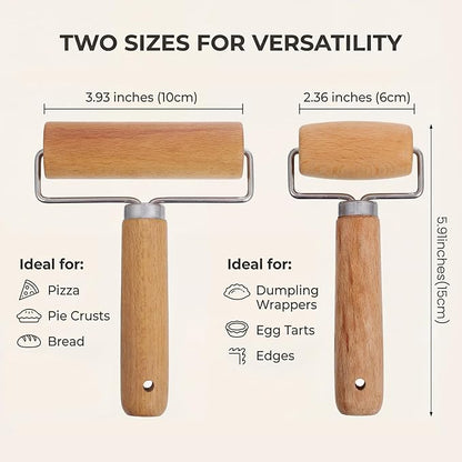 2 Pcs Pastry Roller, Wooden Rolling Pins Pizza Dough Roller Non-Stick Mini