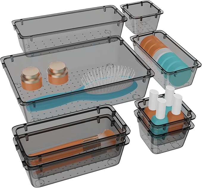 WOWBOX 8 PCS Clear Plastic Drawer Organizer Set, 4 Sizes Desk Drawer
