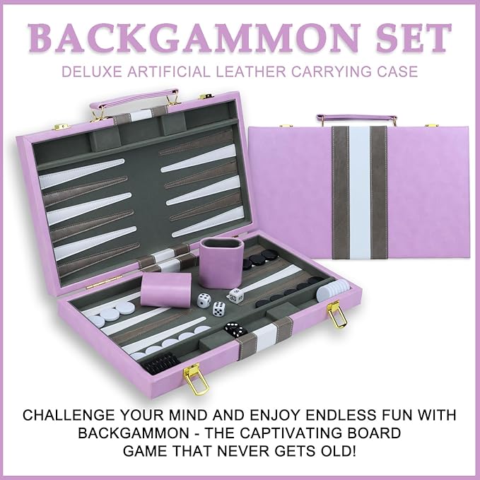 Backgammon Sets for Adults, 15 inch Backgammon Purple Sets Classic Board Game with Premium Leather Case, Portable Travels Strategy Backgammon Game Set for Adults, Kids (Purple)