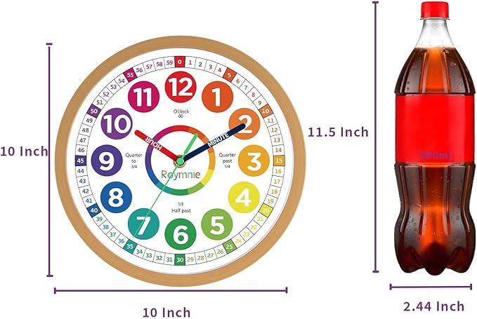 Wall Clock 10 Inch for Kids Learning Easily Kids Teaching Clock Analog Silent Non Ticking Battery Operated Colorful Teaching Time Clock Decorative for Kids Room Kitchen School