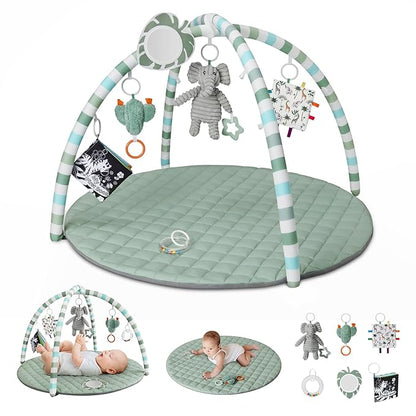 Blissful Diary Baby Play Gym Mat, Play Mat Activity Mat with 6 Detachable Toys for Stage-Based Sensory & Motor Skill Development, Easy to Install & Clean, Baby Essentials Gift, Sage Green