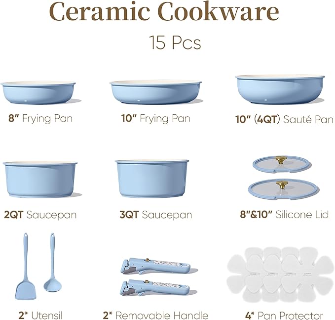 CAROTE 15Pcs Ceramic Cookware Set, Pots and Pans Set Non Stick, Kitchen Cooking