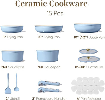 CAROTE 15Pcs Ceramic Cookware Set, Pots and Pans Set Non Stick, Kitchen Cooking