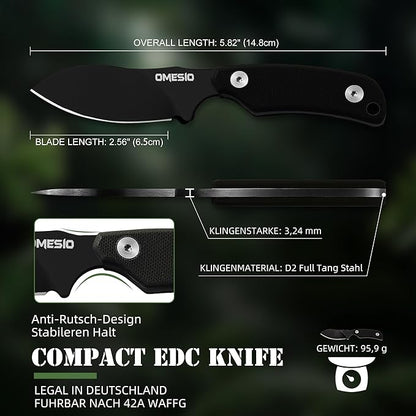 Omesio Neck Knife, 5.82" Small Fixed Blade Tactical Knife, Compact Full Tang EDC Neck Knife with Sheath and Clip, Nessmuk D2 Steel G10 Handle Mini Knife Necklace for Outdoor, Hiking, Camping