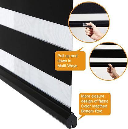 Persilux Cordless Zebra Blinds for Windows Free-Stop Roller Windows Shades (34" W X 47" H, Black) Dual Layer Light Control for Day and Night, Light Filtering Sheer Shades for Home, Easy to Install