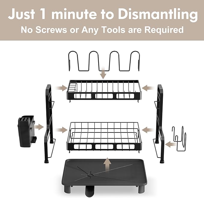 BOOSINY Dish Drying Rack, 2 Tier Large Stainless Steel Black Dish Rack