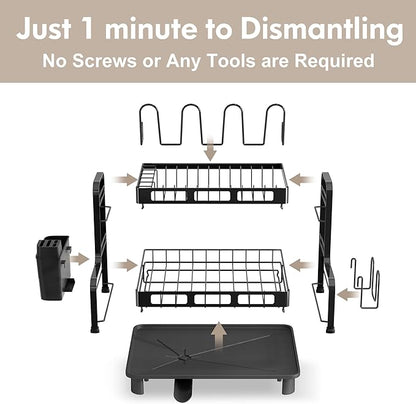BOOSINY Dish Drying Rack, 2 Tier Large Stainless Steel Black Dish Rack