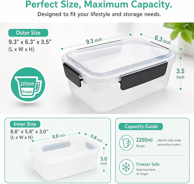 YORY 9 cup Plastic Food Storage Containers