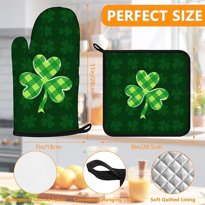 Green Clover Oven Mitts and Pot Holders Sets 4Pcs, Extra Long Oven Gloves