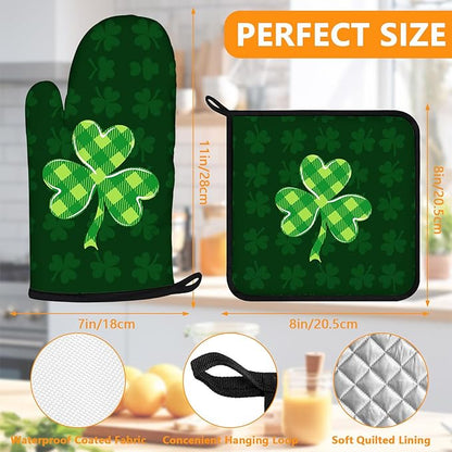 Green Clover Oven Mitts and Pot Holders Sets 4Pcs, Extra Long Oven Gloves