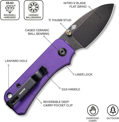 CIVIVI Baby Banter Pocket Folding Knife for EDC, 2.34" Blade Small Knife with Titanium Thumb Stud Opener (Purple)