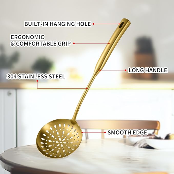 304 Stainless Steel Kitchen Cooking Utensils Set - 9 PCS Serving Utensils, Include Skimmer, Soup Ladle, Spaghetti Server, Wok Spatula, Slotted & Solid Spoon, Slotted Spatula Turner, Meat Fork (Gold）