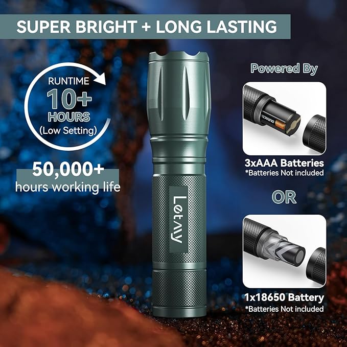 LETMY Tactical Flashlight - 2 Pack Bright Military Grade LED Flashlights High Lumens - Portable Handheld Flash Light, 5 Modes Zoomable Waterproof Flashlights for Home Emergency Camping- Gray