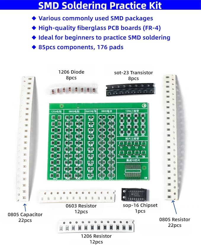 Surface-Mount Device(SMD) Soldering Practice Kit, Soldering Project Kit with 0603,0805,1206 Resistors, SOT-23 Transistors, SOP-16 IC and PCB, Perfect for Electronics Enthusiasts & Beginners
