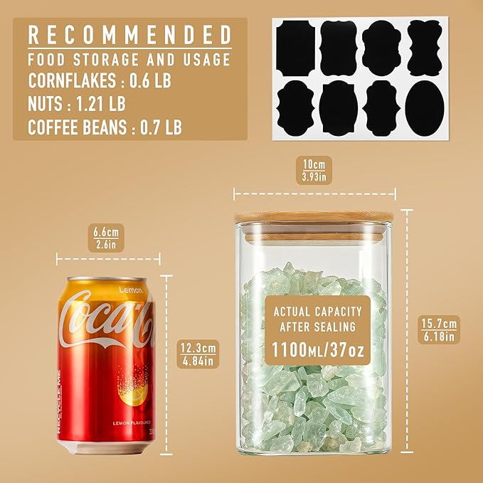 37oz Airtight Glass Square Storage Canisters with Bamboo Lid Set of 6 (1100ml) Stackable Containers, Kitchen Jars for Pantry Noodles, Flour and Coffee beans (‎with Black Lable)