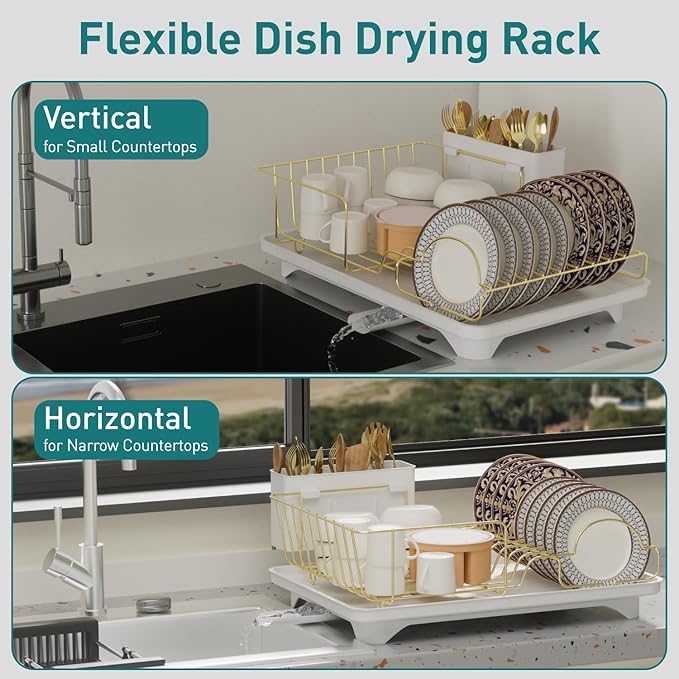 Buruis Dish Drying Rack for Kitchen Countertop, Large Capacity Gold Stainless