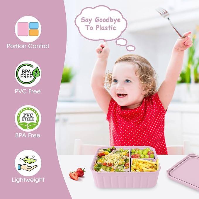 Bento Lunch Box for Kids-Reusable Silicone Kids Bento Box Lunch Container Leakproof Lunchbox Meal Prep Food Storage Containers with 3 Removable Compartments–Dishwasher Safe/BPA Free/Portion Control
