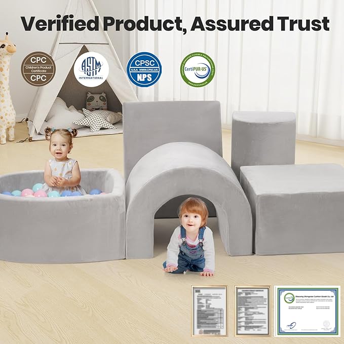 Foam Climbing Blocks for Toddlers, 5-Piece Tunnel Climber and Crawl Playset, Indoor Activity Play with Ball Pit, Machine Washable Velvet Cover, Soft Climbing Toy for Kids 1-3 (Gray)