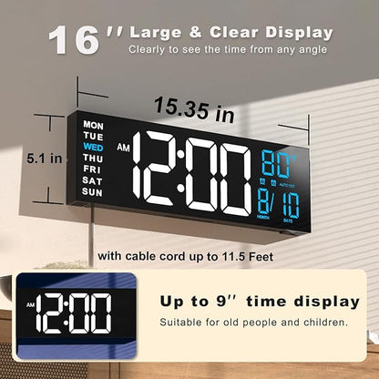 JALL 16" Large Digital Wall Mount Clock, Count Down Timer, Big LED, RGB Color
