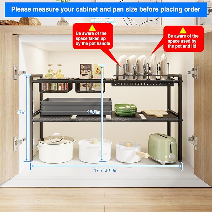 Mustorn Pots and Pans Organizer Under Cabinet, Expandable 2 Tier Under Sink