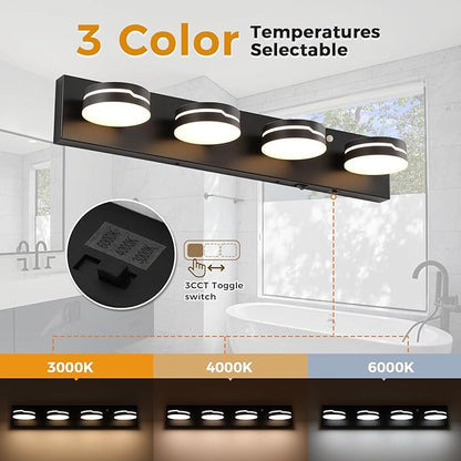 26In Motion Sensor Vanity Light, Matte Black 3CCT 4-Light Modern LED Bathroom