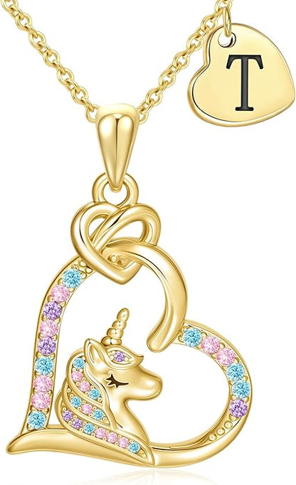 C-leen Unicorn Necklaces Gifts for Girls, 14K Gold Plated Colorful CZ Heart Initial Pendant Unicorn Necklaces for Girls Teens Jewelry Birthday Gifts