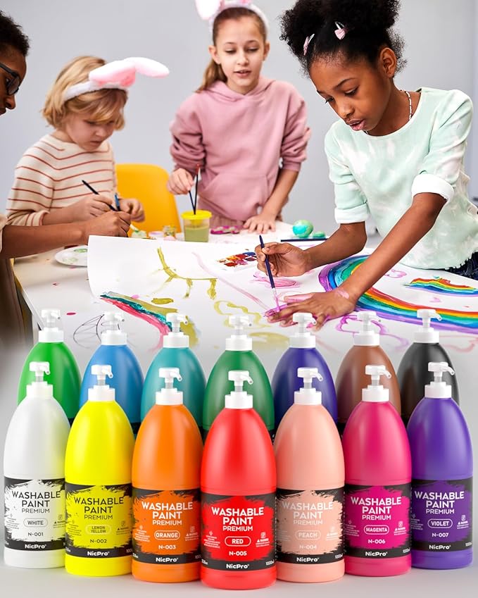 Nicpro 14 Colors Large Washable Paint Set (33.8 oz, 1000ml), Acrylic Bulk Paint Supplies Non Toxic Children Tempera Paint for Art, Craft DIY, Poster & Finger Paint, School, Home,Classroom
