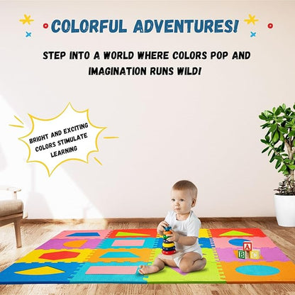 TOYVELT Foam Puzzle Floor Mat for Kids 12x12-16 Interlocking Play Mat Tiles with Color & Shapes - Educational Large Puzzle Foam Floor Tiles for Crawling, Exercise, Playroom, Play Area