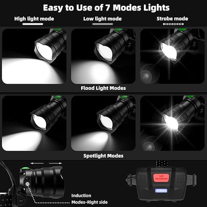 2PCS Bright LED Headlamp High Lumens Induction Function, 7 Modes Long Lasting Battery Life Head Lamp, IP67 Waterproof Zoom LED Headlamp, 90° Adjustable for Outdoor Indoor Camping Running Car Repair