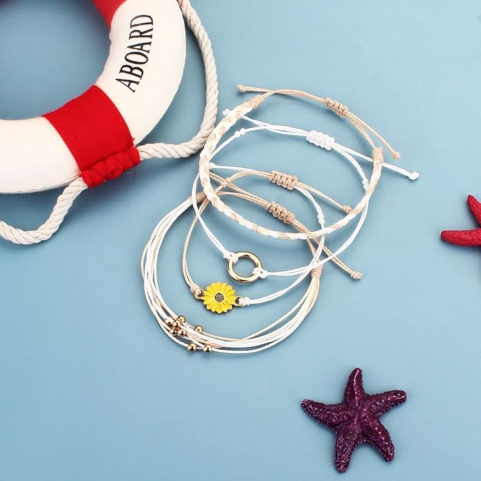 FANCY SHINY Sunflower String Bracelet Boho Braided Rope Wrap Bracelets Cute Summer Beach Surfer Jewelry for Women Christmas Gifts