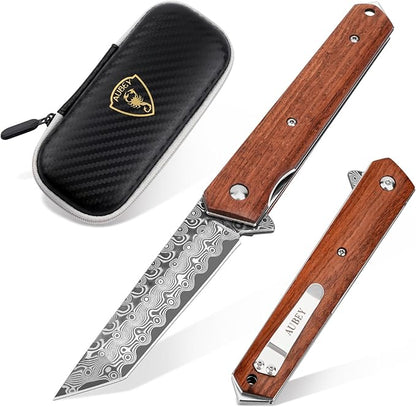 AUBEY Damascus Pocket Knife for Men, Sharp Tanto Blade with VG10 Core Folding Knives with Wooden Handle and Glass Breaker for EDC Camping Gift Collection