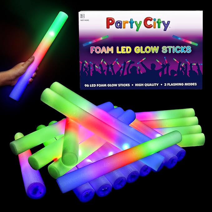 Party City 96pk LED Foam Glow Sticks 14?? Glow in the Dark Party Supplies Favors, Colorful Flashing Wand with 3 Modes, Foam Light Up Sticks Bulk Party Pack for Wedding, Birthday, Concert, Halloween