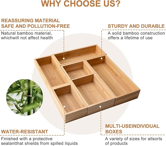 Bamboo Drawer Organizer 5 Pcs for Kitchen Multi-purpose Storage Dividers for