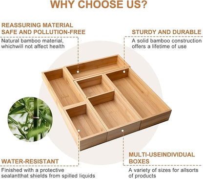 Bamboo Drawer Organizer 5 Pcs for Kitchen Multi-purpose Storage Dividers for