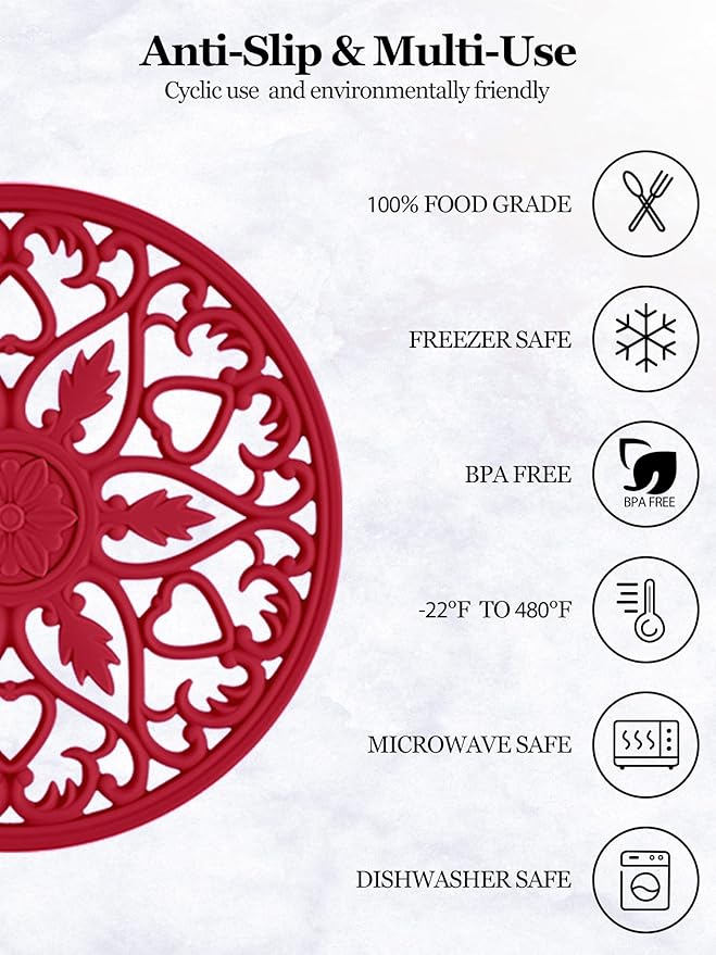 SMARTAKE 6 Set Silicone Trivets, Multi-Use Carved Trivet, Insulated Non-Slip Durable Kitchen Mats, Flexible Modern Kitchen Table Mat, for Hot Dishes, Pots, Dining Countertop, Red
