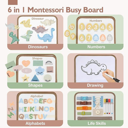hahaland Montessori Busy Board for Toddlers Boy Toys Birthday Gift - Travel Toys - Dinosaur, Alphabet, Number, Shape, Drawing, Life Skills