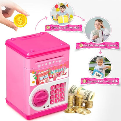 ATM Piggy Bank for Boys Girls, Vcertcpl Mini ATM Coin Bank Money Saving Box with Password Code, Kids Safe Money Jar for Real Money with Auto Grab Bill Slot, Great Gift Toy Bank for Kids (Pink)