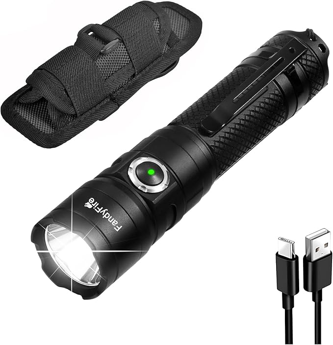 Tactical Flashlight with Holster for Duty Belt, 1300 High Lumen Police Flashlight - 6 Mode Rechargeable LED Flashlight for Camping/Law Enforcement FG10(Black)