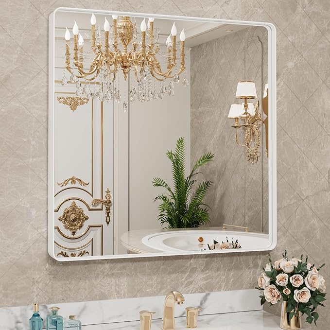LOAAO 30x30 Inch White Metal Framed Bathroom Mirror