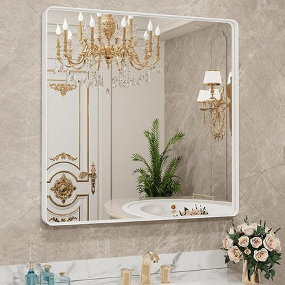 LOAAO 30x30 Inch White Metal Framed Bathroom Mirror