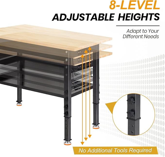 48"/60'' Adjustable Workbench, Rubber Wood Top Work Bench Heavy-Duty Work Table w/Power Outlet, Partition,2000 LBS Load Capacity Work Benches for Garage, Workshop, Home, Office, Easy Assembly