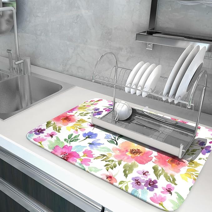Spring Floral Dish Drying Mat for Kitchen Counter Flower Microfiber Absorbent