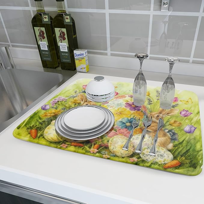 Easter Egg Dish Drying Mat 18x24 Inch Bunny Floral Green Drying Pad