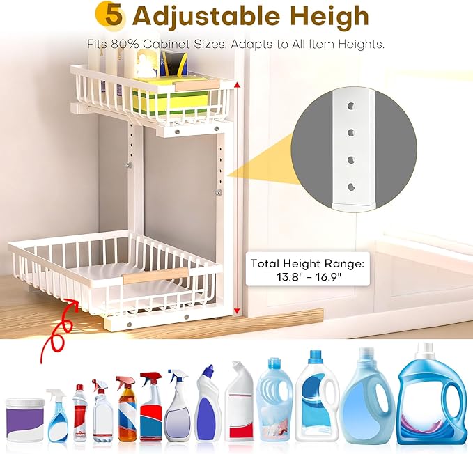 Under Sink Organizer, 2 Tier Pull Out Under-Sink Shelves, Adjustable Height