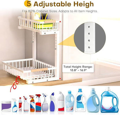 Under Sink Organizer, 2 Tier Pull Out Under-Sink Shelves, Adjustable Height