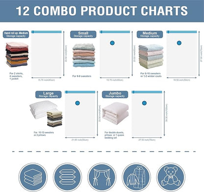 12 Pack Vacuum Storage Bags, Space Saver Vacuum Storage Bags, Vacuum Seal Bags for Clothing, Clothes, Comforters and Blankets, Hand Pump Included