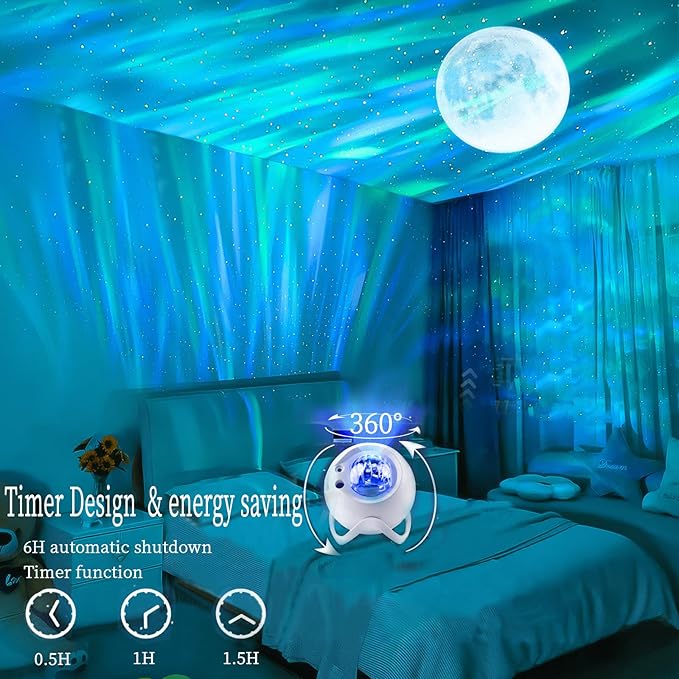 Aurora Northern Lights Projector: 60+ Light Effects White Noise Stars Sky Moon