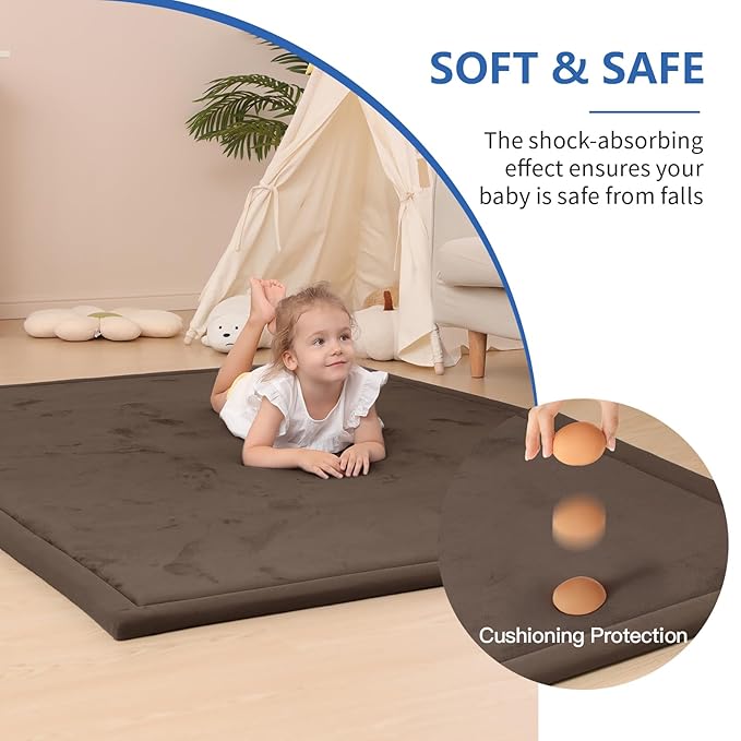 Baby Play Mat for Floor,1.3" Thick Memory foam Tummy Time Mat for Toddlers,Infants,kids,Water-Repellent Soft Nursery Rug ,79"×79" Extra Large Non Slip for Crawling&Yoga,Tatami Style for Living Room(Dark Brown)
