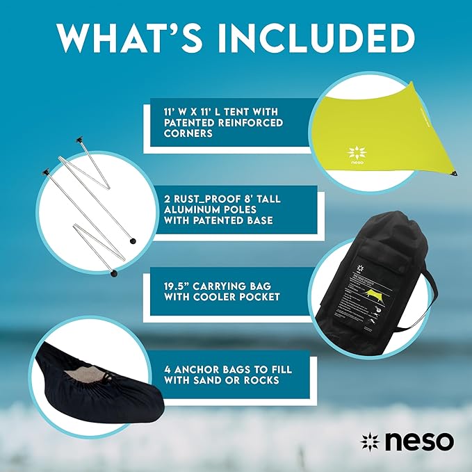Neso Gigante - Portable Beach Tent - Ideal to Enjoy with Family and Friends - UPF 50+, Water-Resistant, and Lightweight - Lemon, 11' x 11'